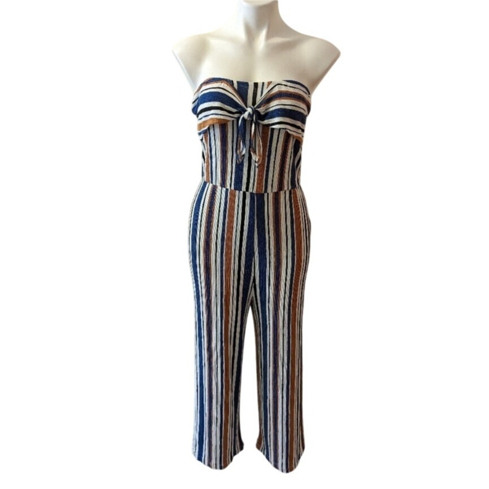Love Tree Tan Cream Blue Striped Strapless Jumpsuit Sz. Medium NWOT